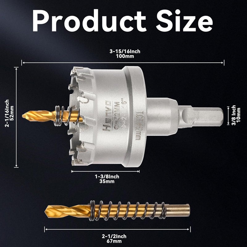 Henvo Hole Saw 2-1/16" (52mm) Heavy Duty Carbide with 2 Pilot Drill Bits - Metal Hole Cutter Cuts Stainless Steel, Iron, Copper, Brass, Plastic - Image 2